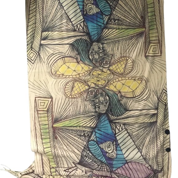 Cubist Abstract Art Line Drawing Flannel Buttoned Wrap Shawl Poncho Scarf - Picture 11 of 16